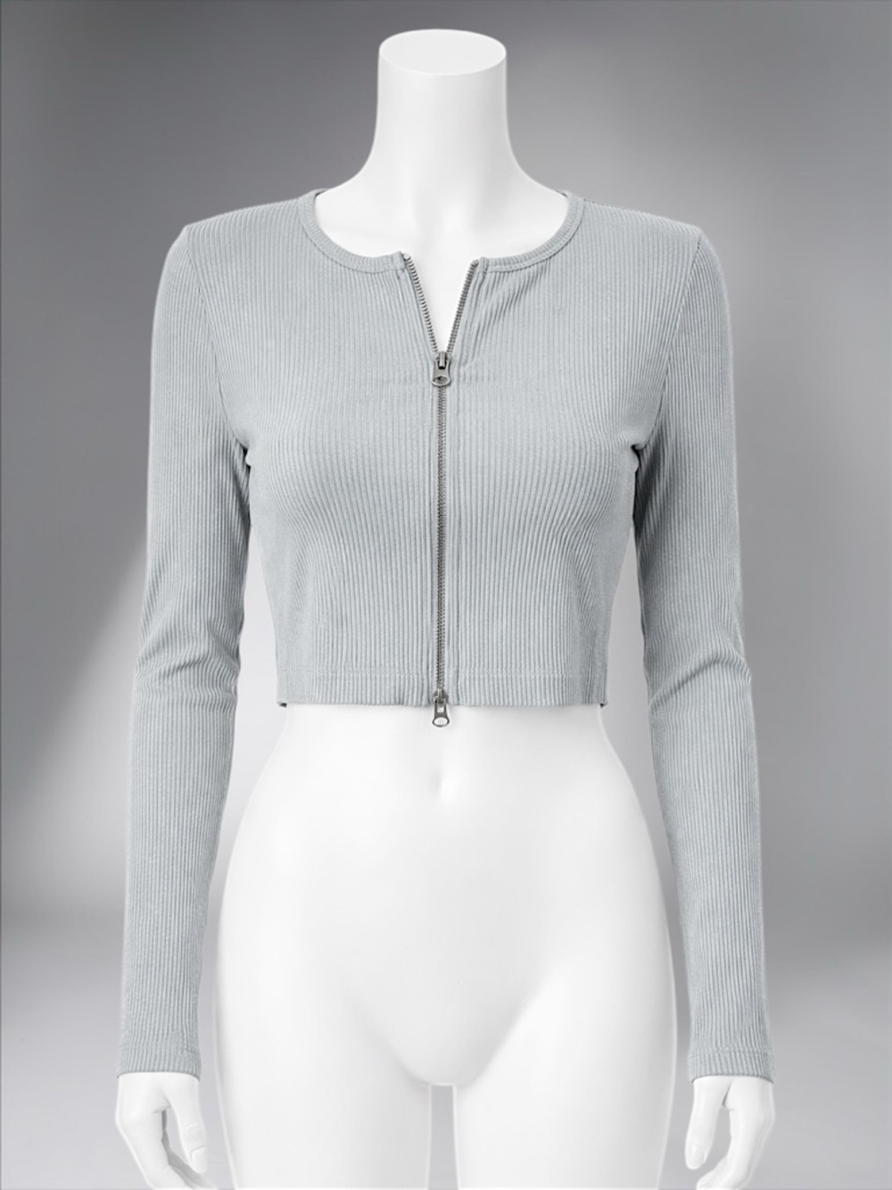 Cropped Ribbed Zip-front Top in Light Gray - Picture 10 of 14